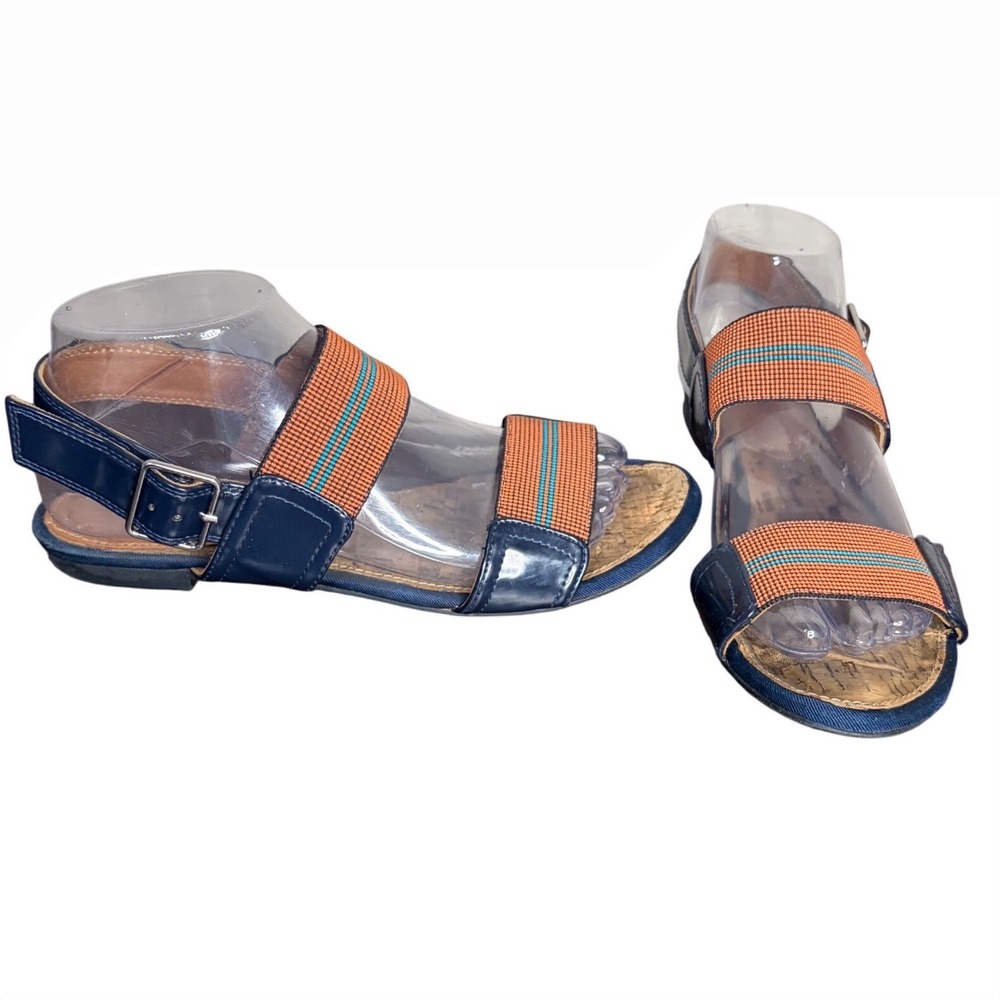 Bimba Y Lola Navy Orange Flat Sandals Woven Slingback Women's Size Size 38